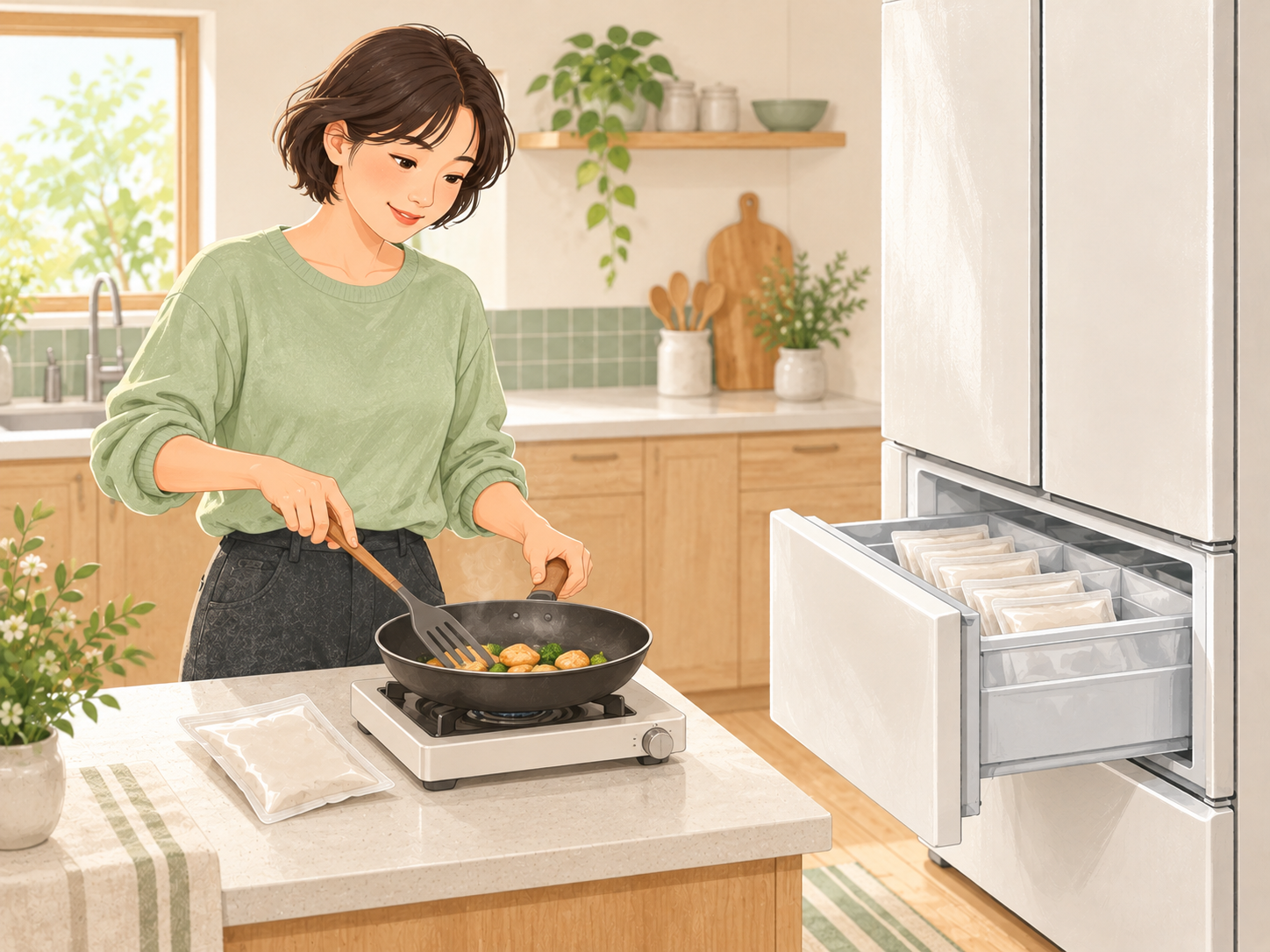 届いた品を取り出して、フライパンで焼くイメージ