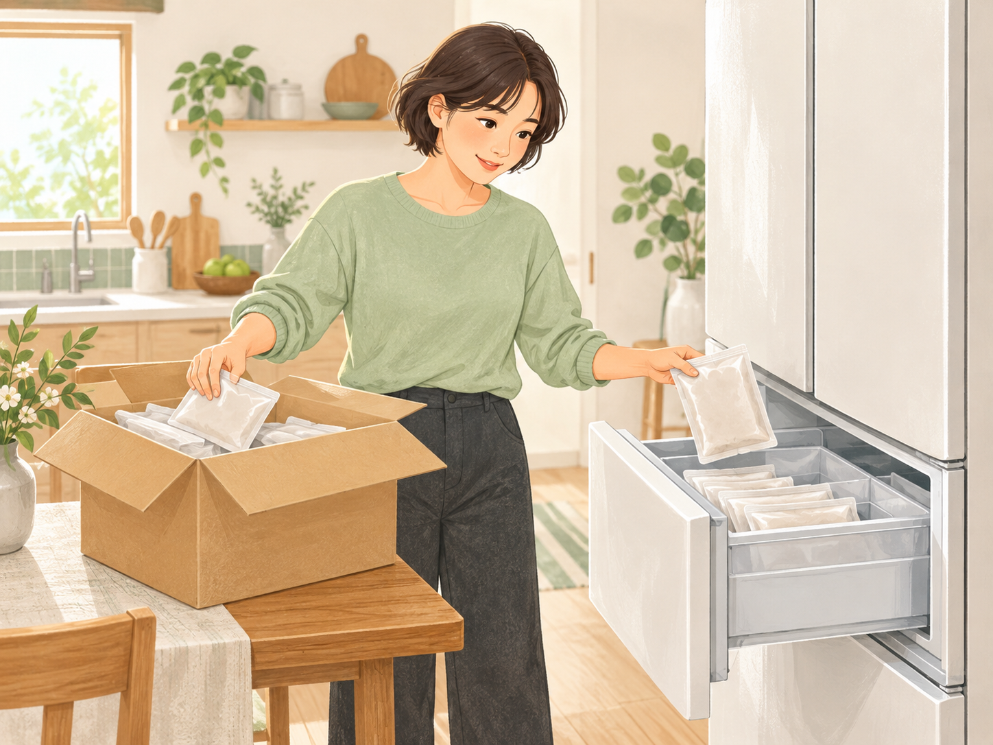 届いた箱からおかずを取り出すイメージ