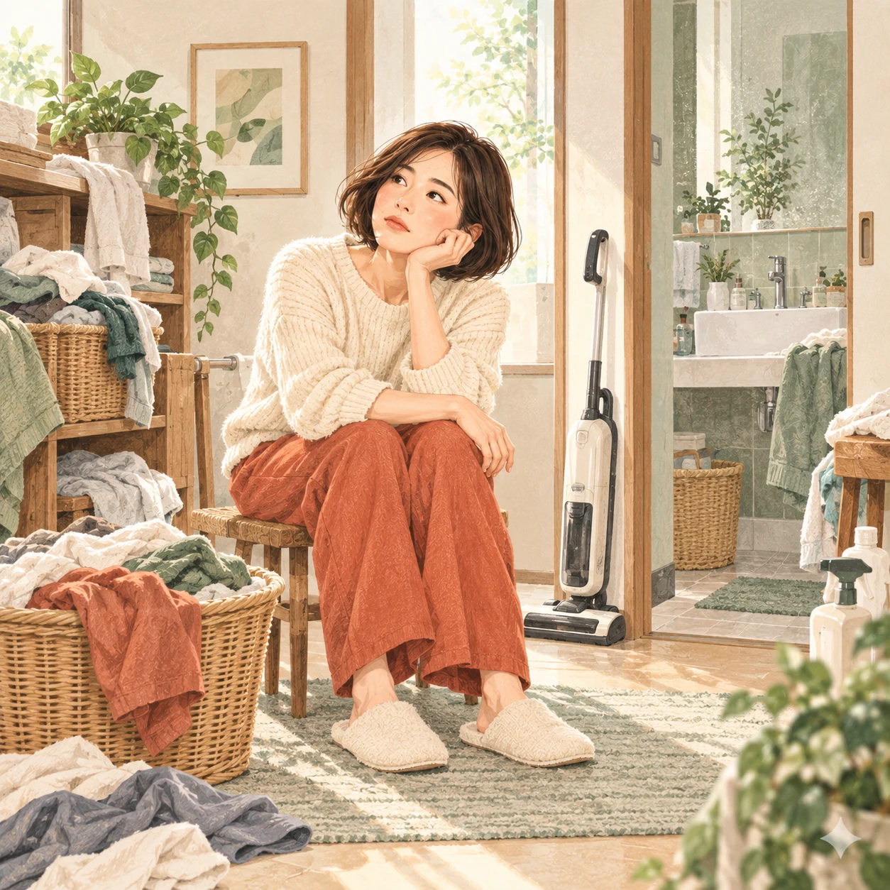 家事が溜まった部屋で、掃除機や洗濯物のそばに座って考える女性のイメージ。