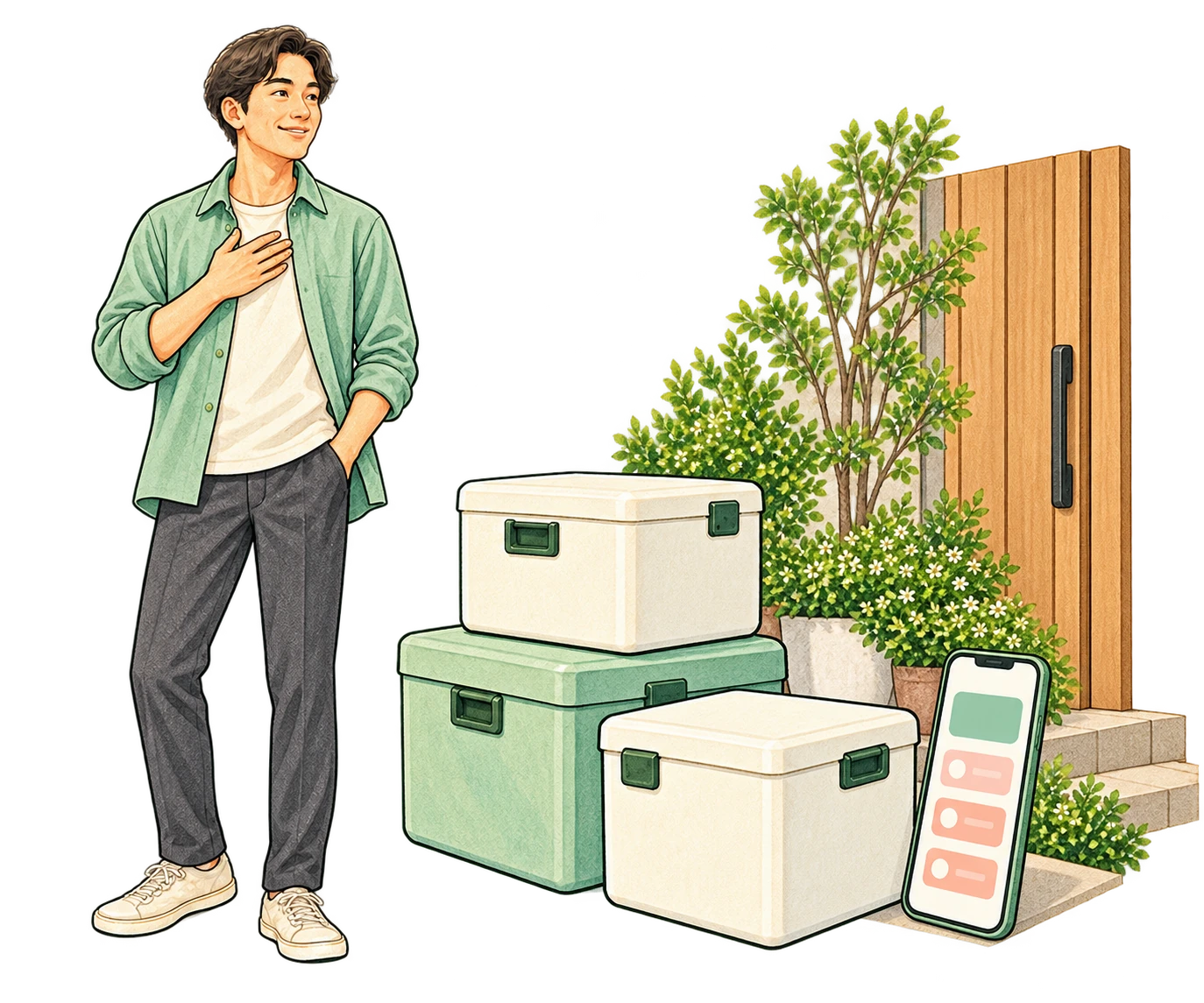 玄関先に届いて一息つくイメージ